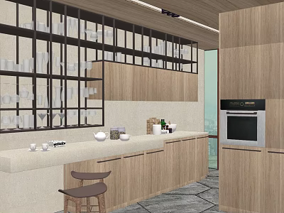 Modern Open Kitchen Interior With Wooden Cabinets Glass Door Display Shelf And Counter With Items 3d model