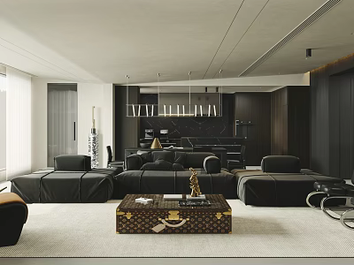 Modern Living Dining Room Interior With Black Sofa Wooden Coffee Table And Pendant Lights 3d model