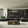 Modern Living Dining Room Interior With Black Sofa Wooden Coffee Table And Pendant Lights