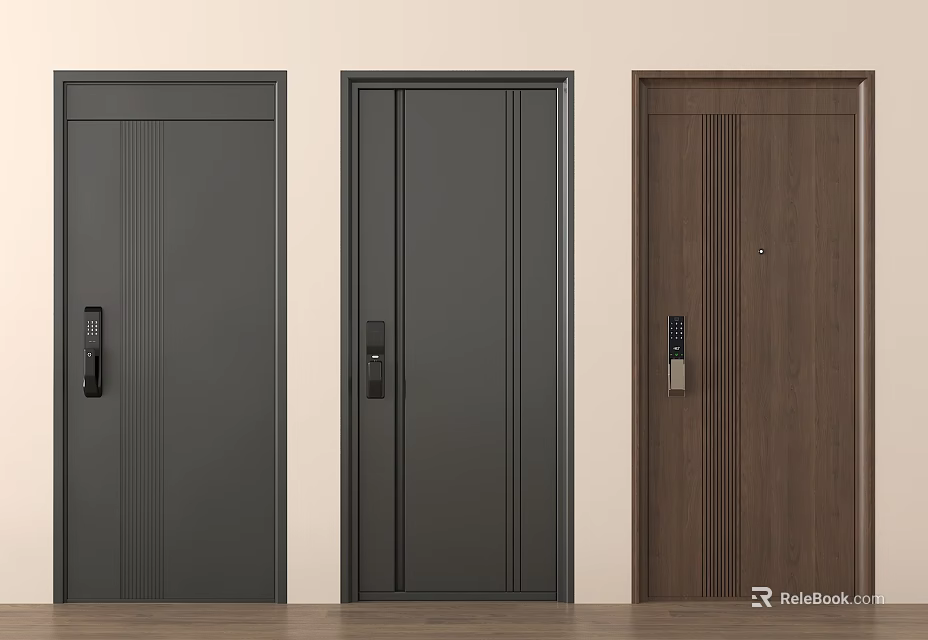Stylish Security Doors In Dark Gray And Brown With Vertical Lines And Secure Locks 3d model