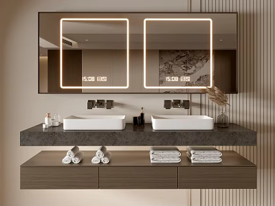 Modern Bathroom Vanity With Double Sink LED Mirrors Storage Drawers And Folded Towels 3d model