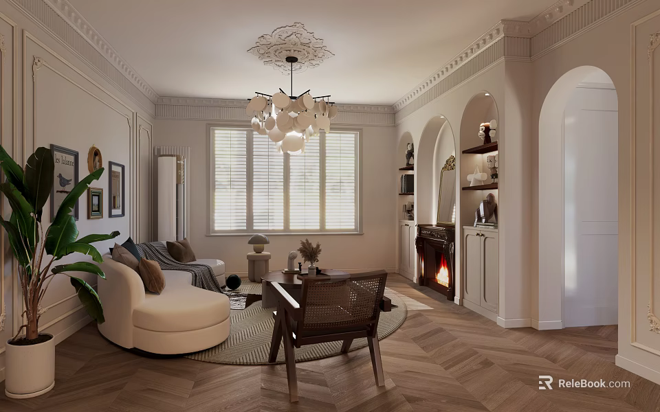 Elegant Living Room Interior With Chandelier Windows Sofa Fireplace And Herringbone Floor 3d model 