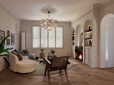 Elegant Living Room Interior With Chandelier Windows Sofa Fireplace And Herringbone Floor 3d model