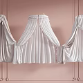 Elegant White Bed Canopy with Pleated Design and Lace Trim Against Soft Pink Wall Background