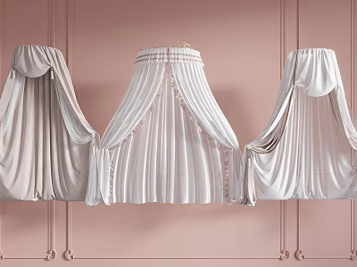 Elegant White Bed Canopy with Pleated Design and Lace Trim Against Soft Pink Wall Background 3d model
