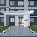 Contemporary Building Entrance Gate with Glass Door Awning Landscaped Walkway and Outdoor Lighting