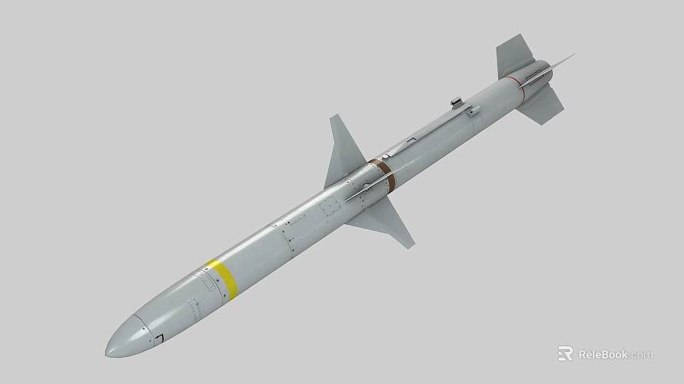 Advanced Guided Missile With Cylindrical Body Yellow Band Tail Fins And Warhead As Weapon 3d model 