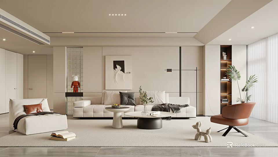 Minimalist Modern Living Room Interior With White Sofa Coffee Tables Decorative Art And Floor Lamp 3d model 