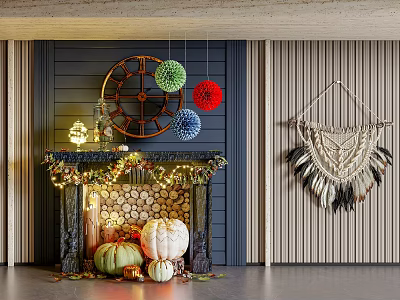 Festive Fireplace Adorned With Logs Pumpkins Colorful Balls And String Lights Near Macramé Wall Hanging 3d model