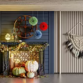 Festive Fireplace Adorned With Logs Pumpkins Colorful Balls And String Lights Near Macramé Wall Hanging
