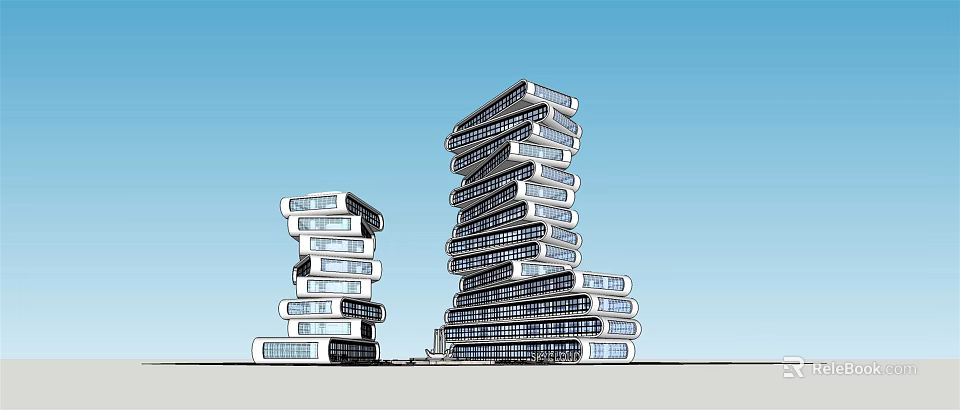 Tall Modern Stacked Office Buildings With Geometric Design And Glass Facade 3d model 