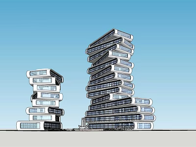 Tall Modern Stacked Office Buildings With Geometric Design And Glass Facade 3d model