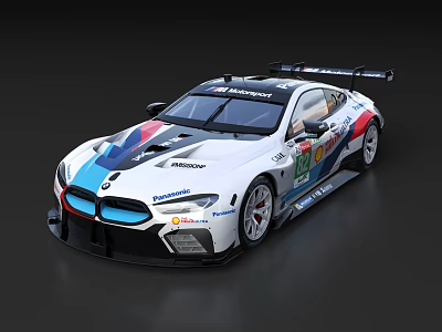 BMW White Racing Car With Blue Red Stripes And Aerodynamic Rear Wing 3d model