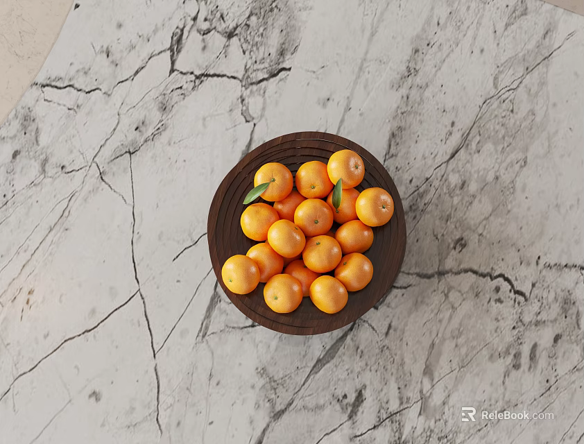 Fresh Ripe Oranges with Green Leaf in Wooden Bowl on Cracked Marble Tabletop 3d model 