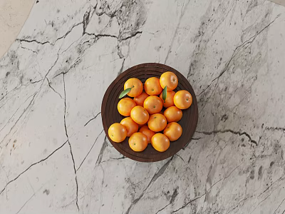 Fresh Ripe Oranges with Green Leaf in Wooden Bowl on Cracked Marble Tabletop 3d model