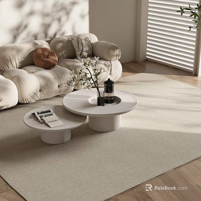 Modern Round Coffee Tables in Sunlit Living Room with White Flowers Magazines and Beige Sofa 3d model 