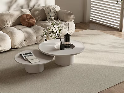 Modern Round Coffee Tables in Sunlit Living Room with White Flowers Magazines and Beige Sofa 3d model