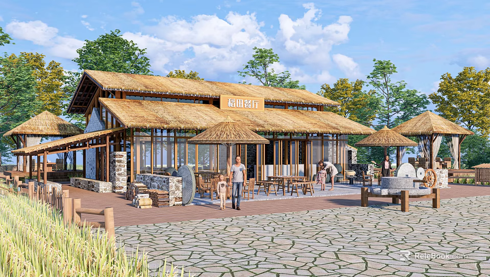 Rustic Thatch Roof House With Outdoor Seating Umbrellas And Trees On Stone Paved Ground 3d model 