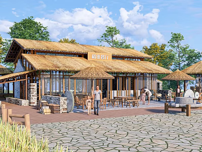 Rustic Thatch Roof House With Outdoor Seating Umbrellas And Trees On Stone Paved Ground 3d model