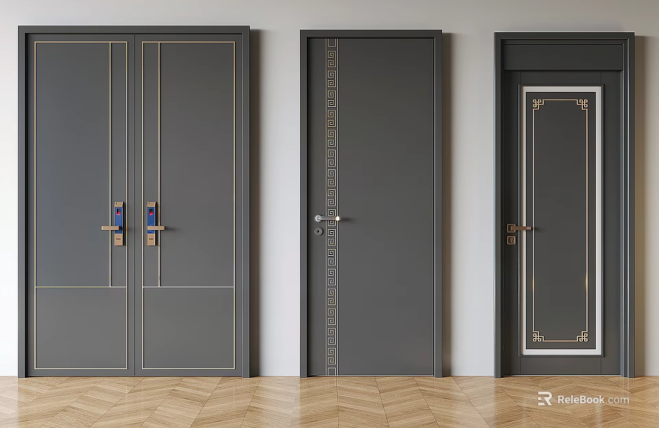 Elegant Dark Colored Hinged Doors With Decorative Lines And Metal Handles Interior Design 3d model 