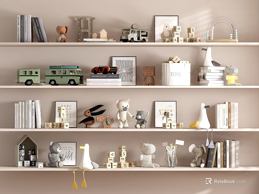 Ornamental Decor Collection with Books Toy Cars Picture Frames Swan Figurines on Shelves 3d model 
