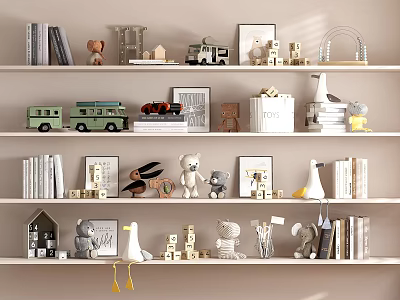 Ornamental Decor Collection with Books Toy Cars Picture Frames Swan Figurines on Shelves 3d model