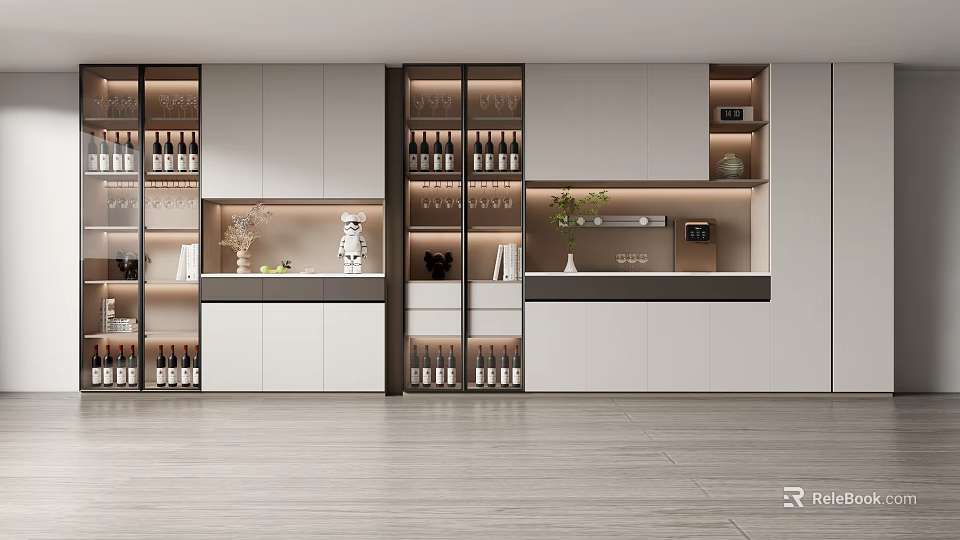 Modern Kitchen Wine Cabinet With Glass Doors And Displayed Wine Bottles 3d model 