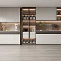 Modern Kitchen Wine Cabinet With Glass Doors And Displayed Wine Bottles