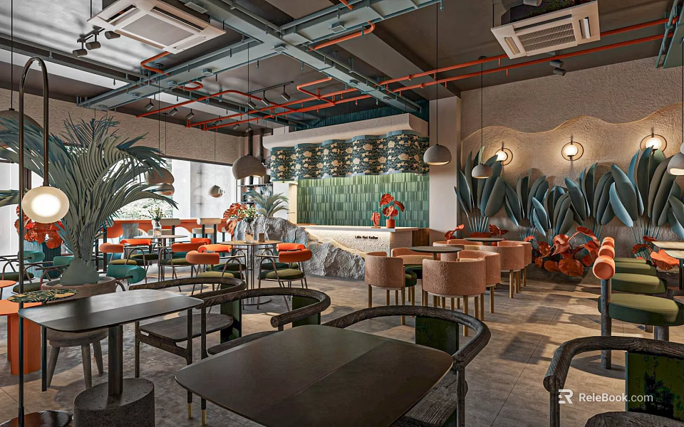 Modern Café Interior Featuring Green Plants Pendant Lights And Comfortable Seats Tables 3d model 