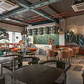 Modern Café Interior Featuring Green Plants Pendant Lights And Comfortable Seats Tables