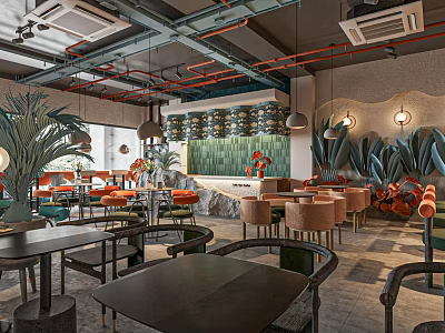 Modern Café Interior Featuring Green Plants Pendant Lights And Comfortable Seats Tables 3d model