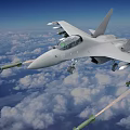 Fighter Jet Flying Over Clouds With Mounted Missiles In Blue Sky