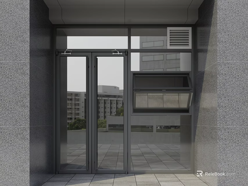 Modern Glass Double Doors Entryway With Gray Wall Exterior And Tile Floor 3d model 
