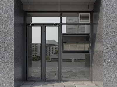 Modern Glass Double Doors Entryway With Gray Wall Exterior And Tile Floor 3d model