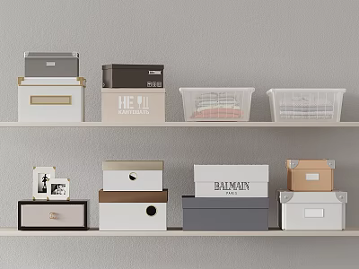 Storage Baskets And Boxes In Various Colors On Shelves For Home Organization 3d model