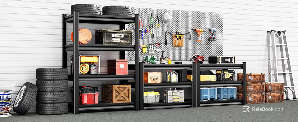 Organized Garage With Black Metal Shelves Tires Toolboxes Wooden Crates Red Bins And Tool Hangers 3d model 