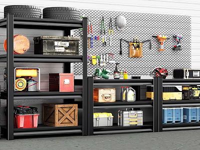 Organized Garage With Black Metal Shelves Tires Toolboxes Wooden Crates Red Bins And Tool Hangers 3d model