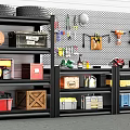 Organized Garage With Black Metal Shelves Tires Toolboxes Wooden Crates Red Bins And Tool Hangers