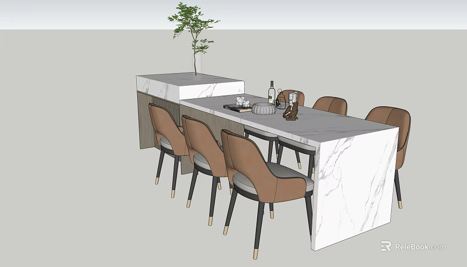 Dining Table Set With Marble Top Brown Chairs Black Legs Gold Accents And Potted Plant 3d model 