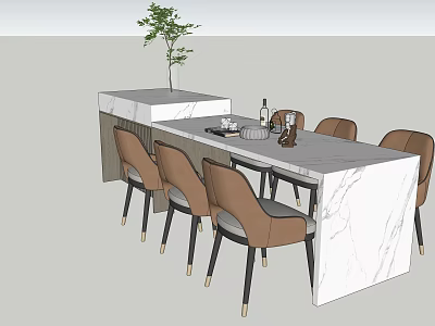 Dining Table Set With Marble Top Brown Chairs Black Legs Gold Accents And Potted Plant 3d model