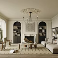 Elegant Living Room Interior With Ornate Chandelier Fireplace Beige Sofa And Patterned Rug