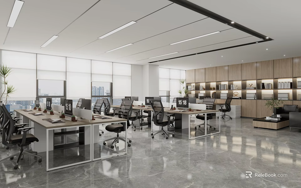 Modern Public Office Space Interior With Desks Office Chairs Computers And Windows 3d model 