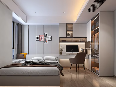 Modern Tatami Bedroom Interior Design With Platform Bed Study Desk Chair And Storage Cabinets 3d model