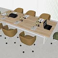 Modern Wooden Conference Table with Green and Yellow Chairs Laptop and Documents in Office Setting