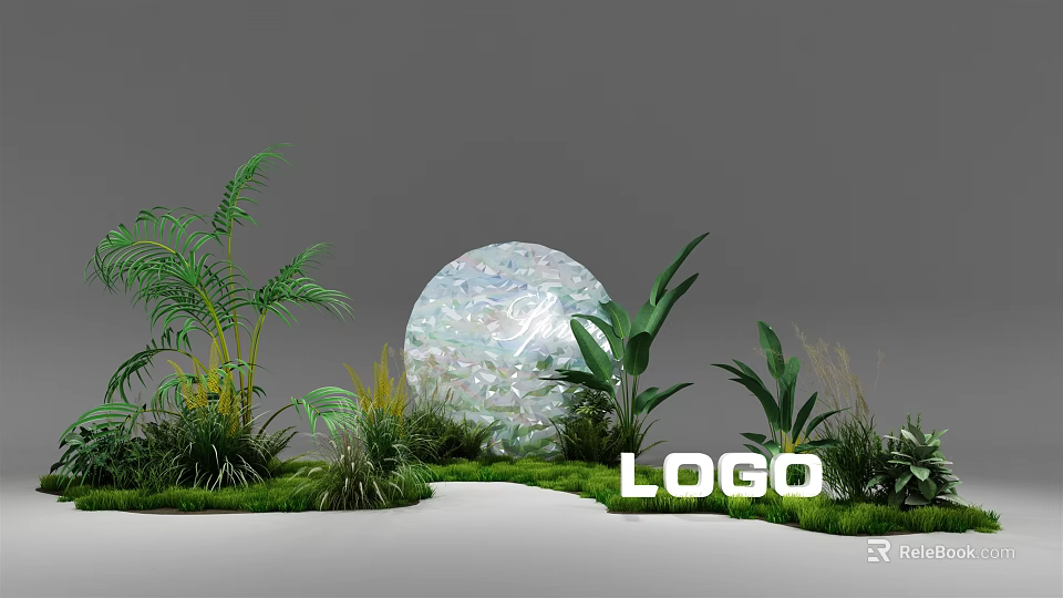 Decorative Transparent Sphere with Textured Surface Among Green Plants and Logo 3d model 