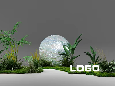 Decorative Transparent Sphere with Textured Surface Among Green Plants and Logo 3d model
