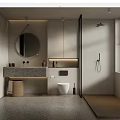 Modern Bathroom Interior Design With Round Mirror Stone Vanity Toilet And Shower Area