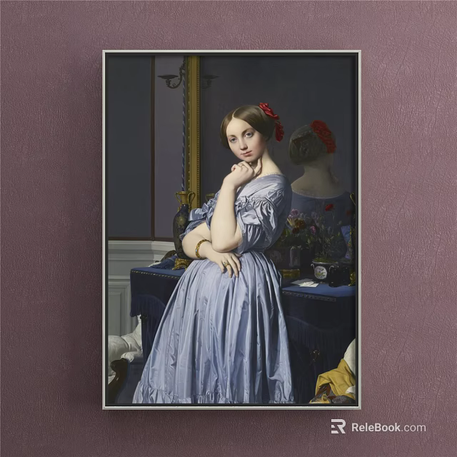 Classical Portrait Painting of a Lady in Blue Dress with Red Flower and Mirror 3d model 