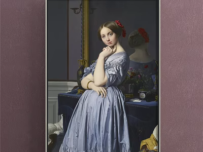 Classical Portrait Painting of a Lady in Blue Dress with Red Flower and Mirror 3d model