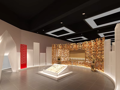 Modern Exhibition Hall Interior Design With Golden Display Wall White Platform And Red Decor 3d model